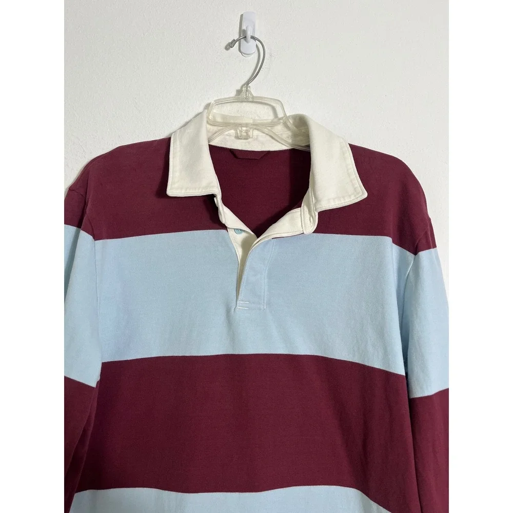 LULULEMON Long Sleeve Cotton Rugby Shirt in Wide Stripe Burgundy Bay Foam Cloud